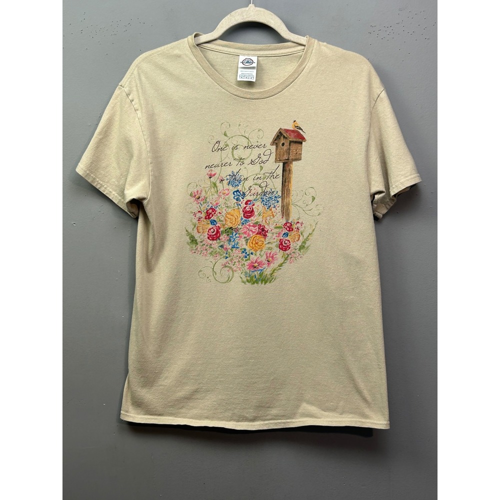 Delta Pro Weight Graphic T Shirt‎ Womens M Beige Birdhouse Floral Quote Tee